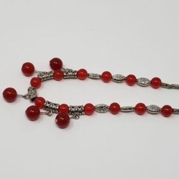 Silver & Cranberry Red Beaded Dangle Post-Hung Fashion Necklace - Picture 3 of 5